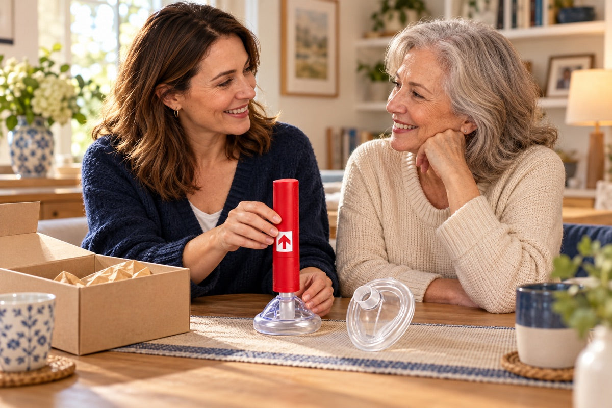 An adult daughter and her mother discussing a RescUAid kit as a practical gift; illustrative scene.