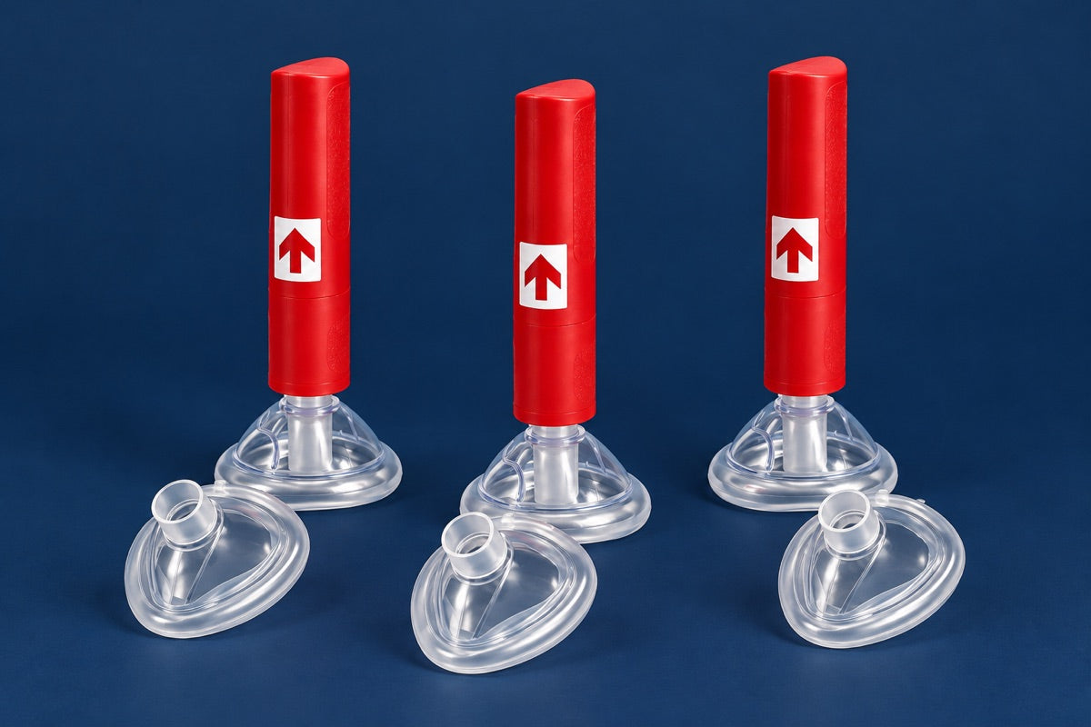 Three RescUAid devices with attached adult masks and three separate child masks on a navy background; bundle illustration.