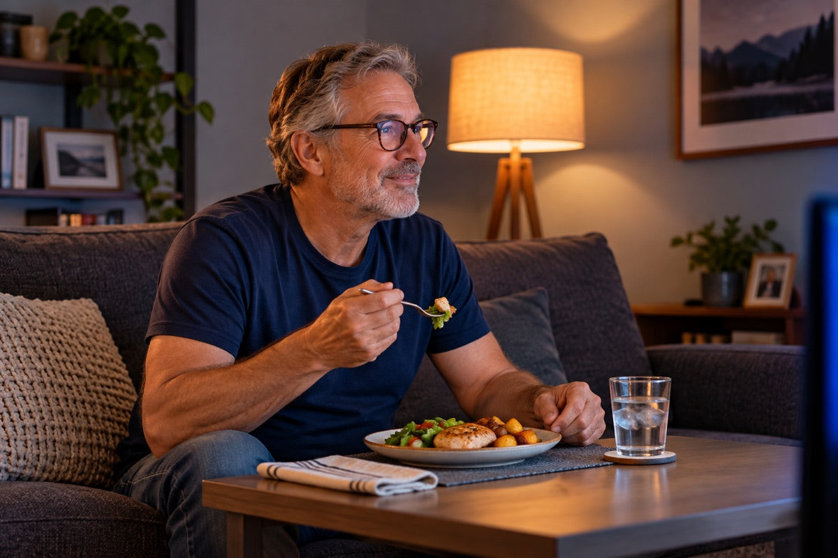 A man enjoying an evening meal on the couch at home; illustrative lifestyle scene.
