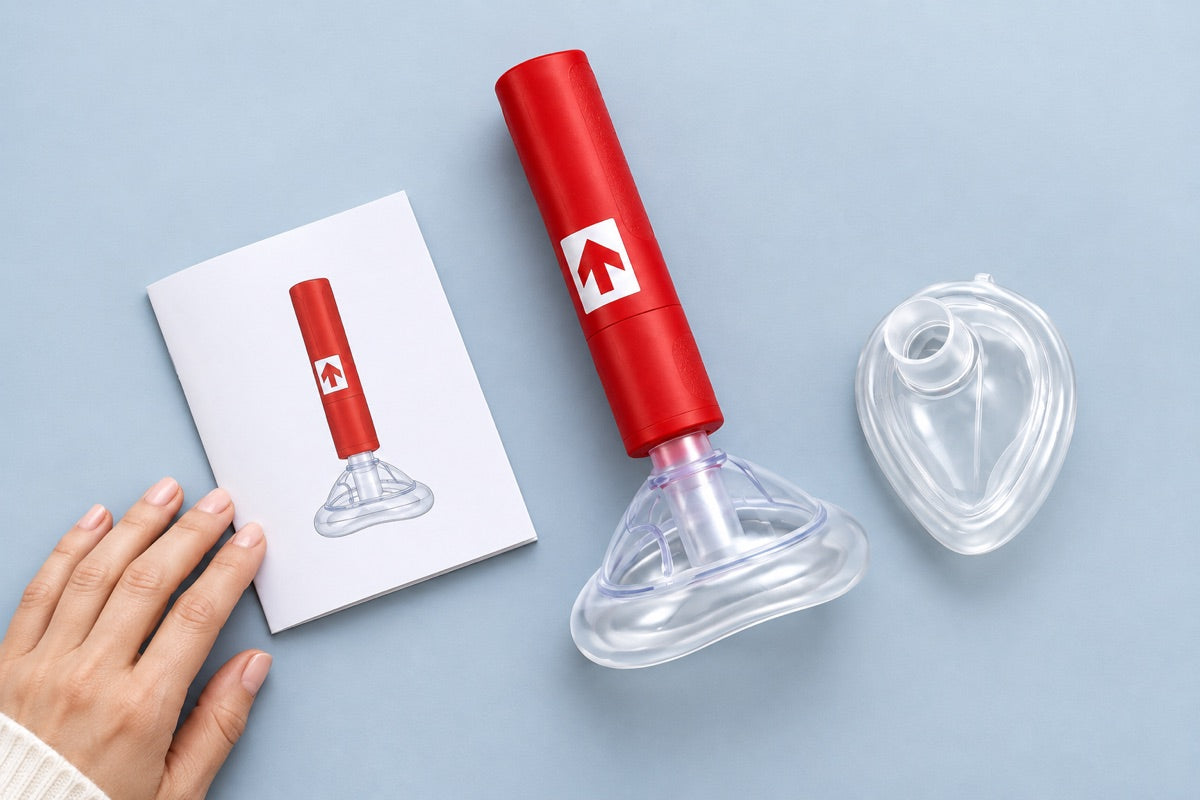 An overhead view of one RescUAid device, its attached adult mask, separate child mask and instructions; kit illustration.