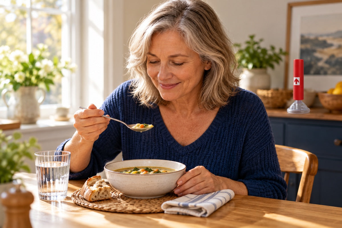 A woman enjoying lunch alone at home, with a RescUAid device nearby; illustrative scene.