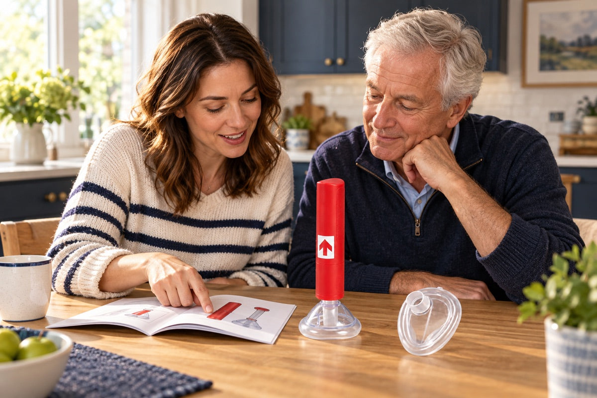 Two adults reviewing device instructions together at a kitchen table; illustrative scene.