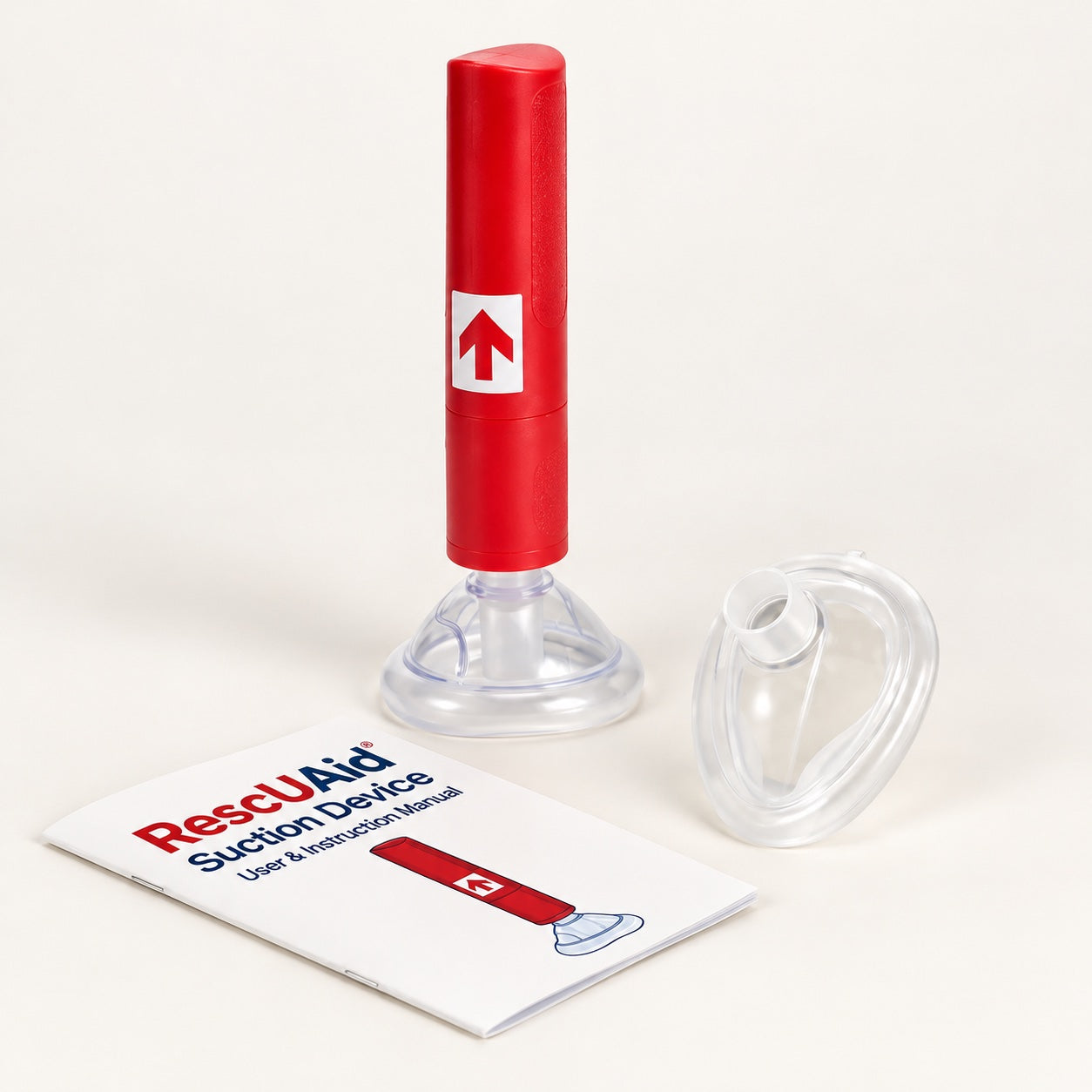 One RescUAid device with an attached mask, separate mask and instructions; kit illustration.