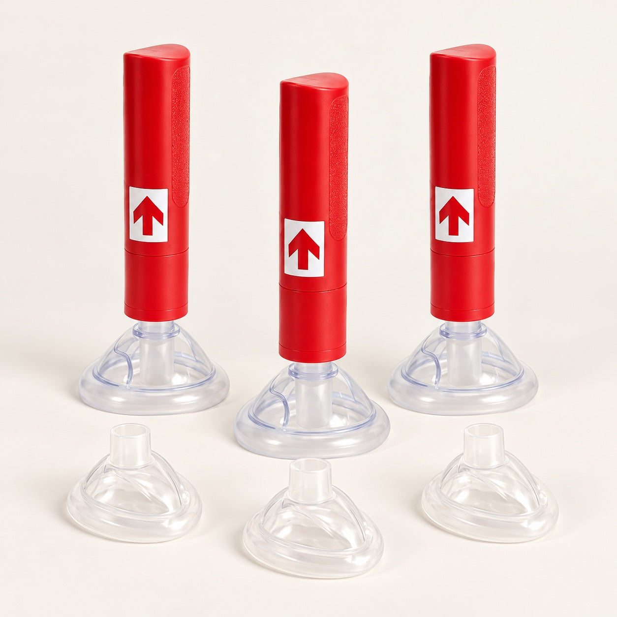 Three RescUAid devices, each with an attached mask and a separate mask; bundle illustration.