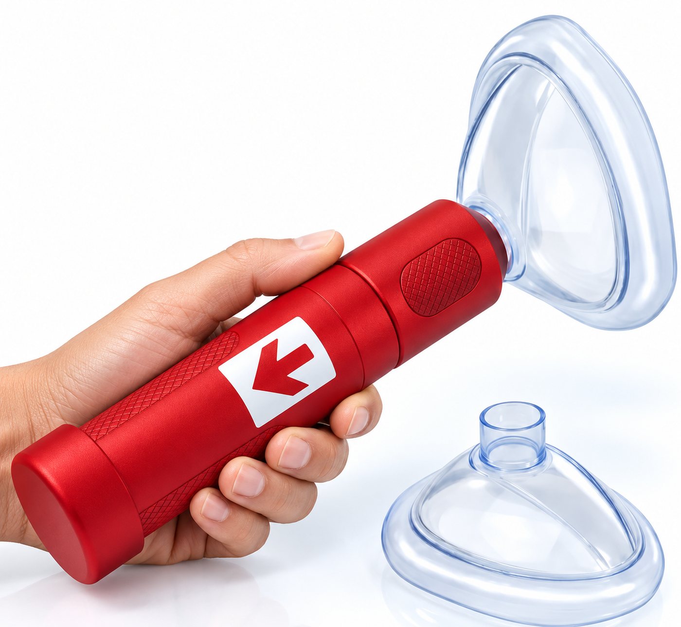 Hand holding the RescUAid device with mask attached
